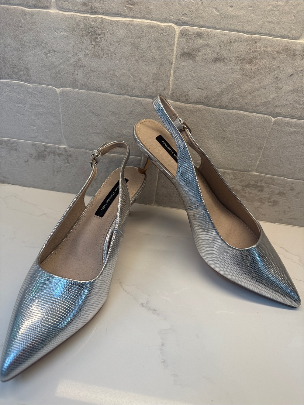 French Connection Metallic Pointed Slingback with Kitten Heels